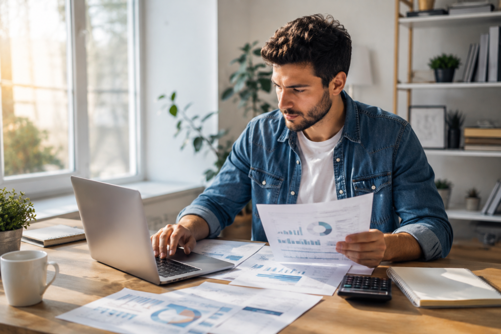 Person managing a monthly budget on a laptop while reviewing personal finances.