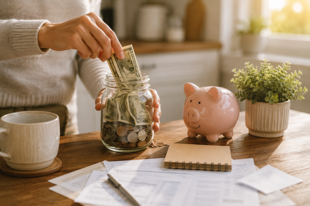 Common Money Mistakes People Make in Their 30s (And How to Avoid Them) (2) Hands placing money into an emergency savings jar to build financial security for unexpected expenses.