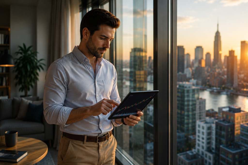 Common Money Mistakes People Make in Their 30s (And How to Avoid Them) (3) Young professional reviewing long-term investment performance on a tablet in a modern apartment.