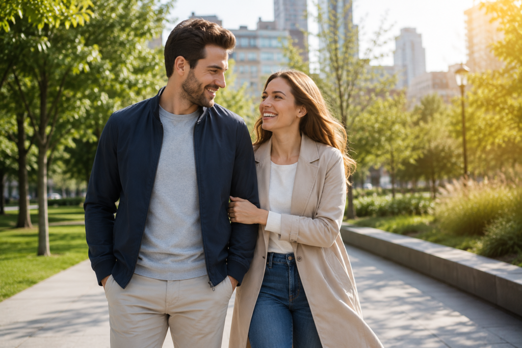 Happy young couple enjoying financial confidence after building healthy money habits together.