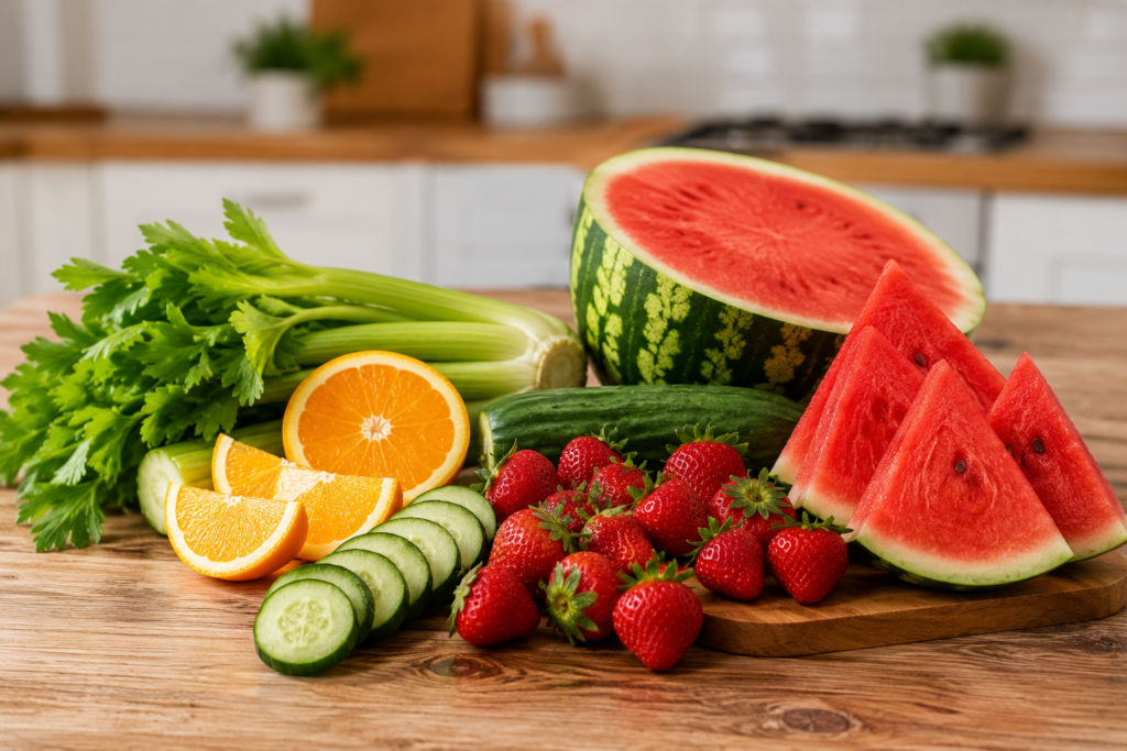 Water-rich fruits and vegetables including watermelon, cucumber, strawberries, oranges and celery