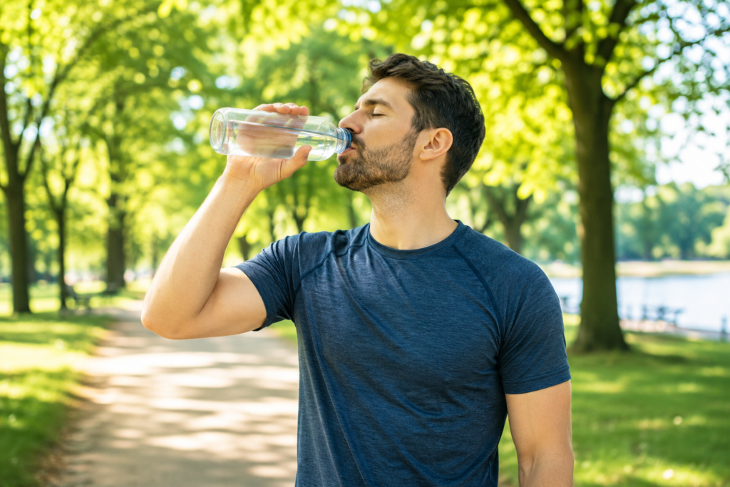 Healthy person drinking water outdoors on a sunny day