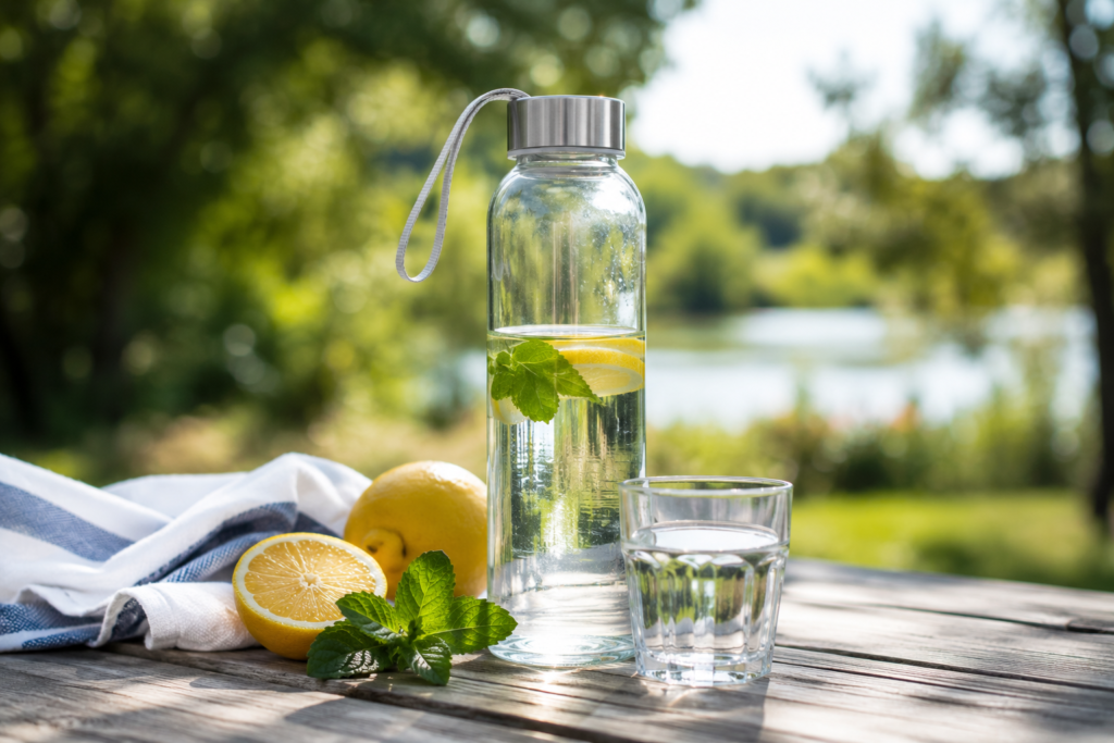Reusable glass water bottle with lemon and mint on a wooden table outdoors for healthy hydration