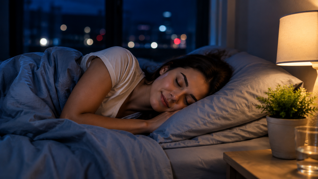 Woman reading a book before bedtime as part of a relaxing evening routine for better sleep.