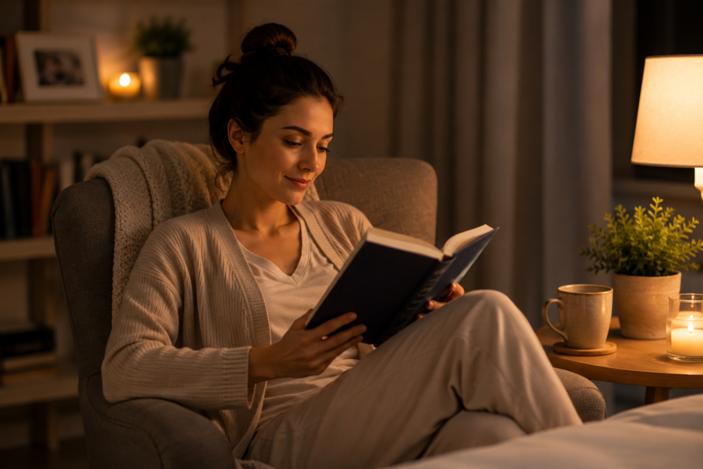 Woman reading a book before bedtime as part of a relaxing evening routine for better sleep.