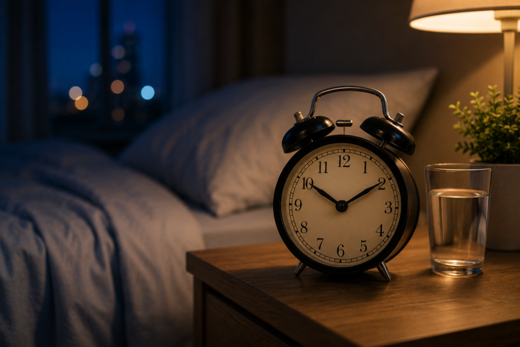 Alarm clock on a bedside table in a cozy bedroom at night, highlighting a consistent sleep schedule.