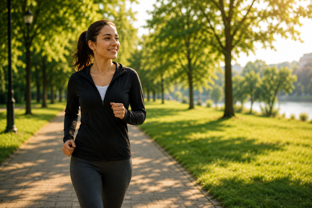 Woman stretching outdoors in a park during the evening to support healthy sleep habits.