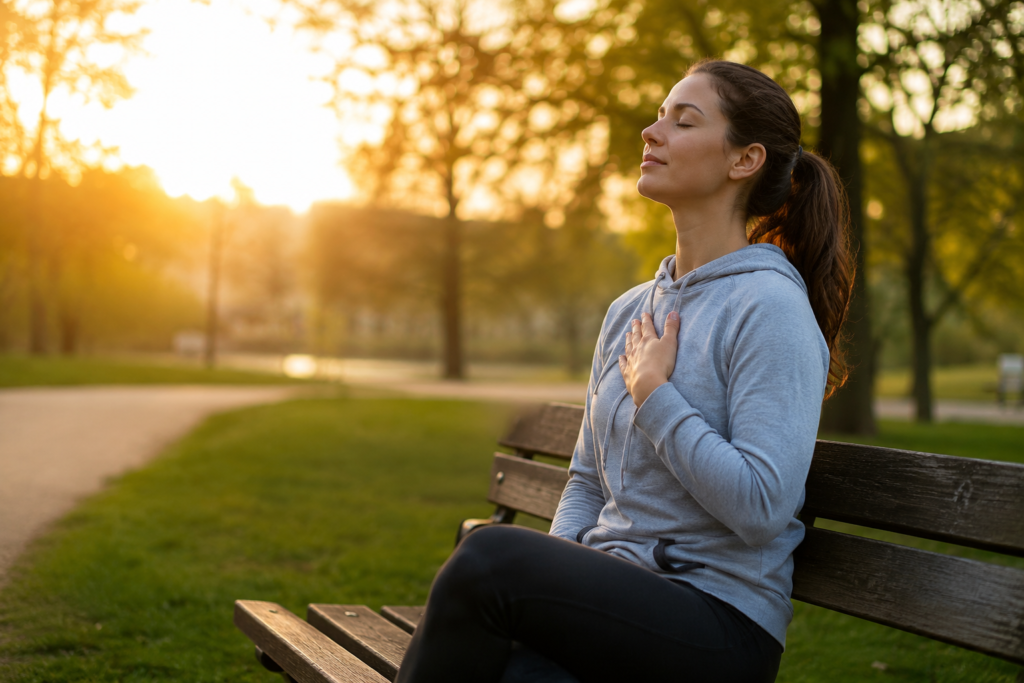 Person practicing deep breathing to reduce stress naturally in a peaceful park