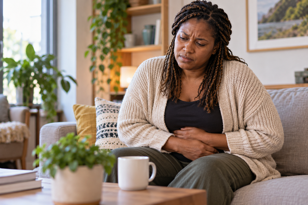 Woman experiencing abdominal discomfort, a possible sign of digestive health problems