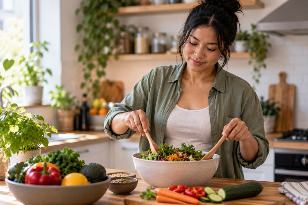 Woman preparing a fiber-rich meal with vegetables to support gut health