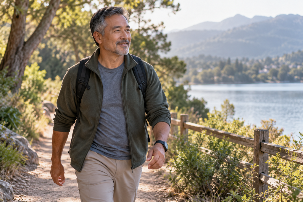 Man walking outdoors as part of a healthy lifestyle that supports digestive health