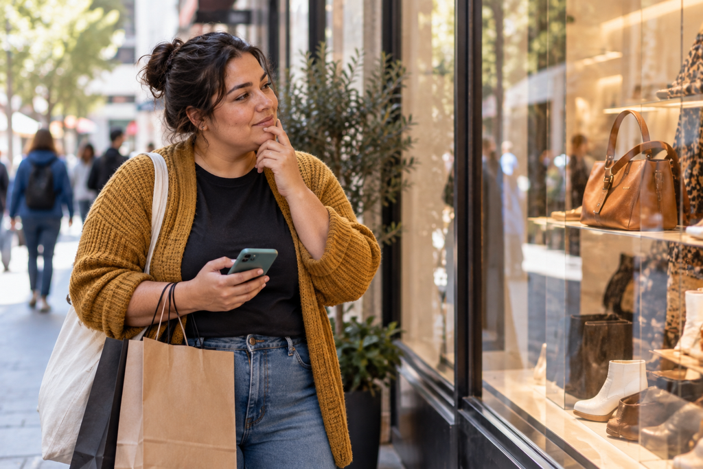Woman considering a purchase while trying to avoid impulse spending