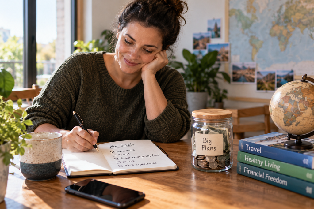 Woman planning savings goals to make more intentional spending decisions