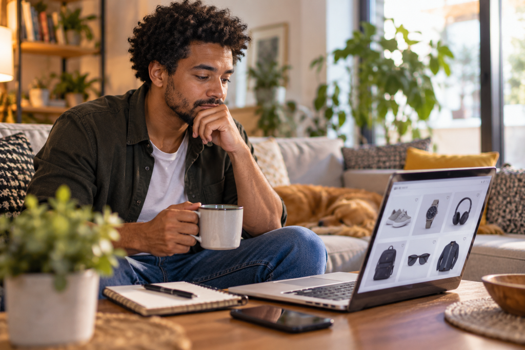 Man pausing before making an impulse purchase while shopping online