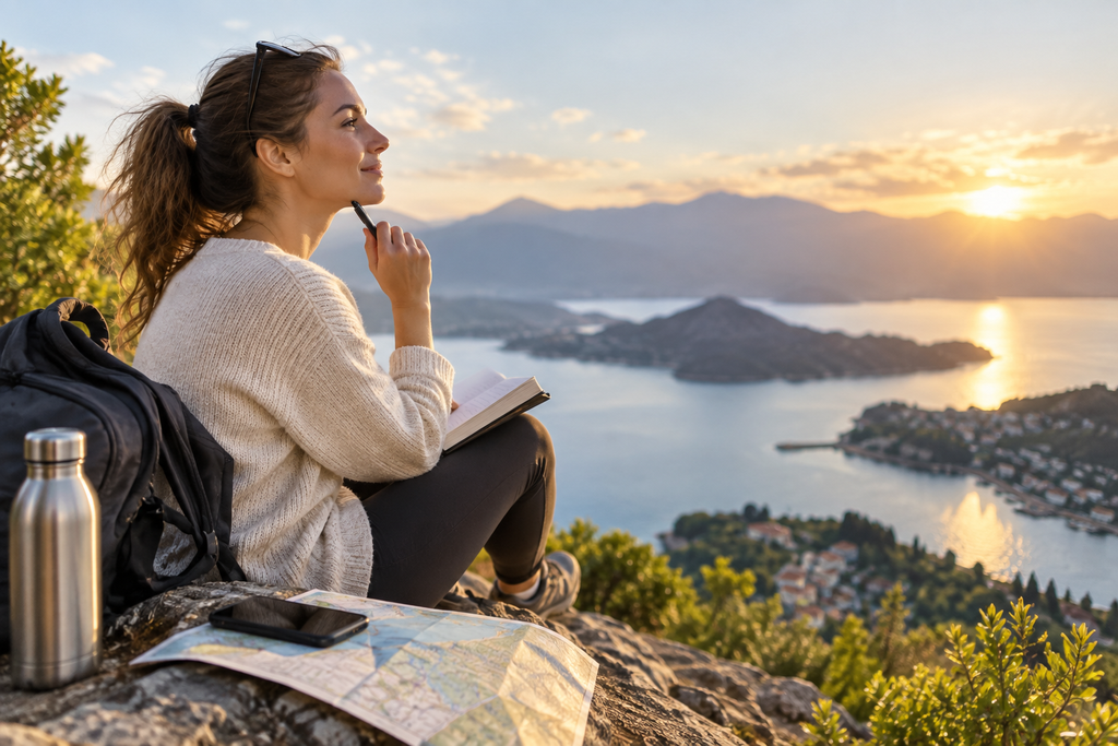 Woman planning her budget outdoors while enjoying a peaceful mountain and lake view