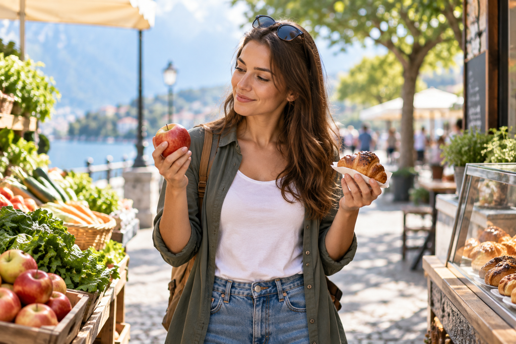 Woman comparing needs vs wants while shopping at an outdoor market