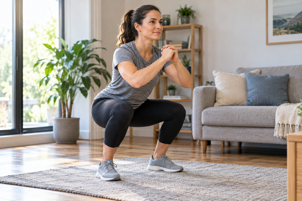 Bodyweight workout for beginners with a woman performing a squat at home