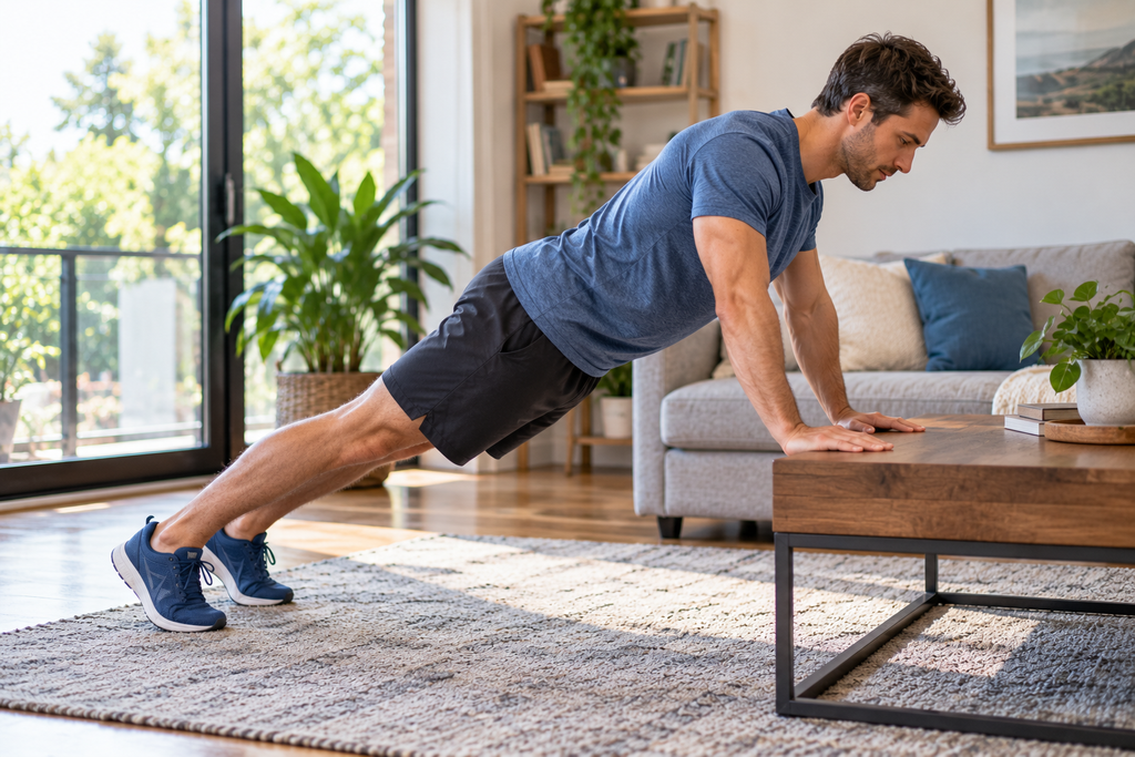 Beginner performing an incline push-up on a stable table at home