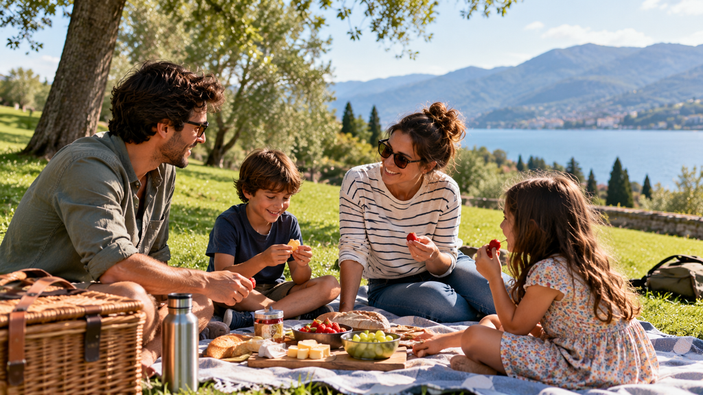 Family enjoying a picnic in a sunny park overlooking a lake