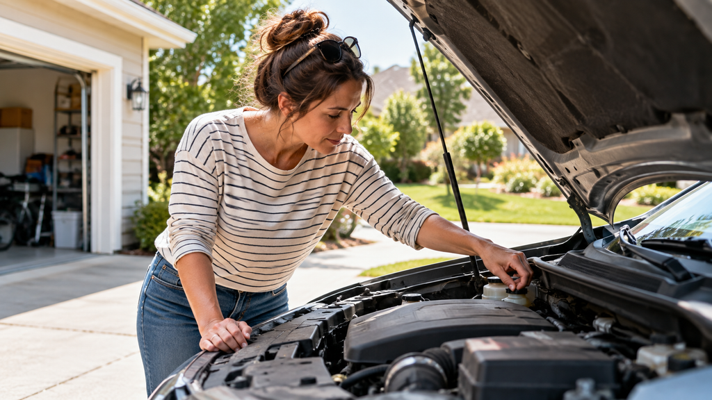 Woman checking her car before a scheduled maintenance appointment