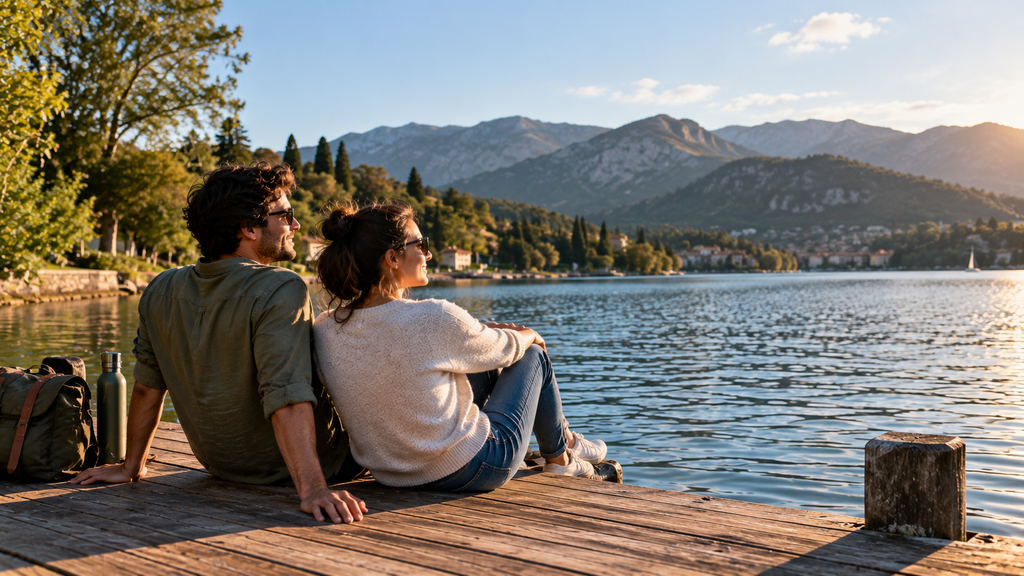 Couple relaxing by a lake during a planned getaway