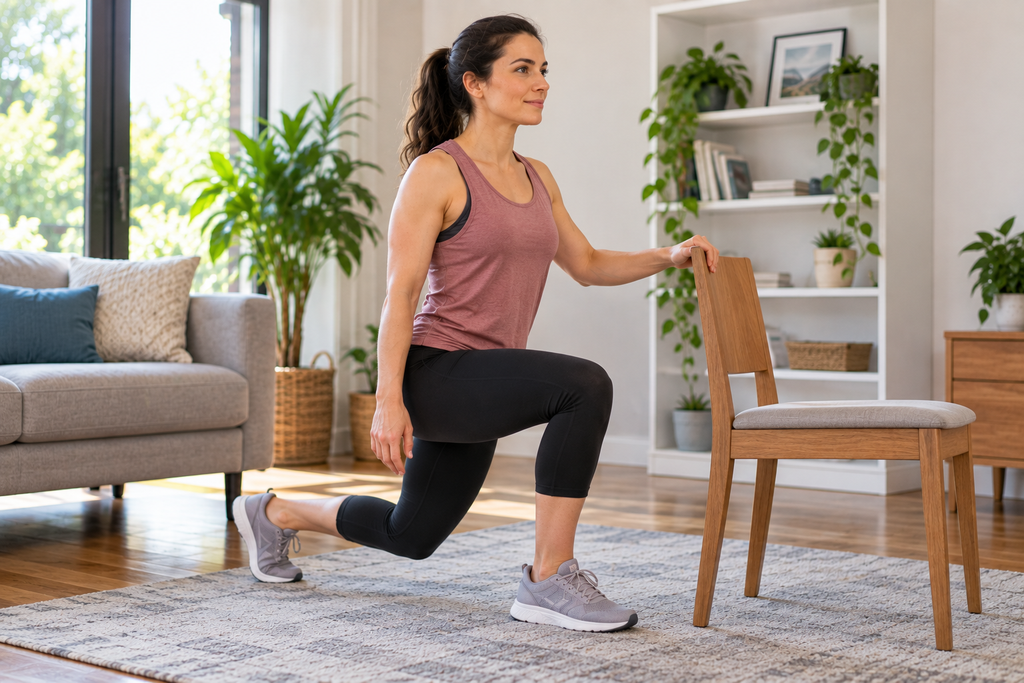 Beginner performing a supported reverse lunge using a chair for balance